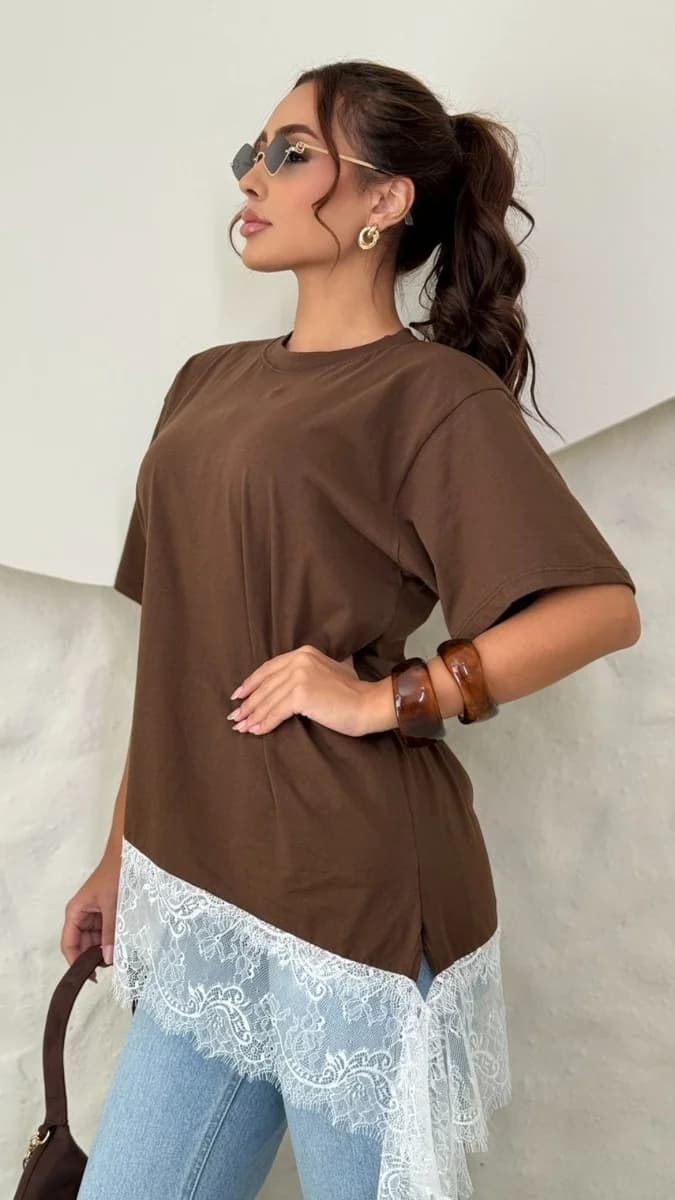 Blusa Marrom Belle com Renda