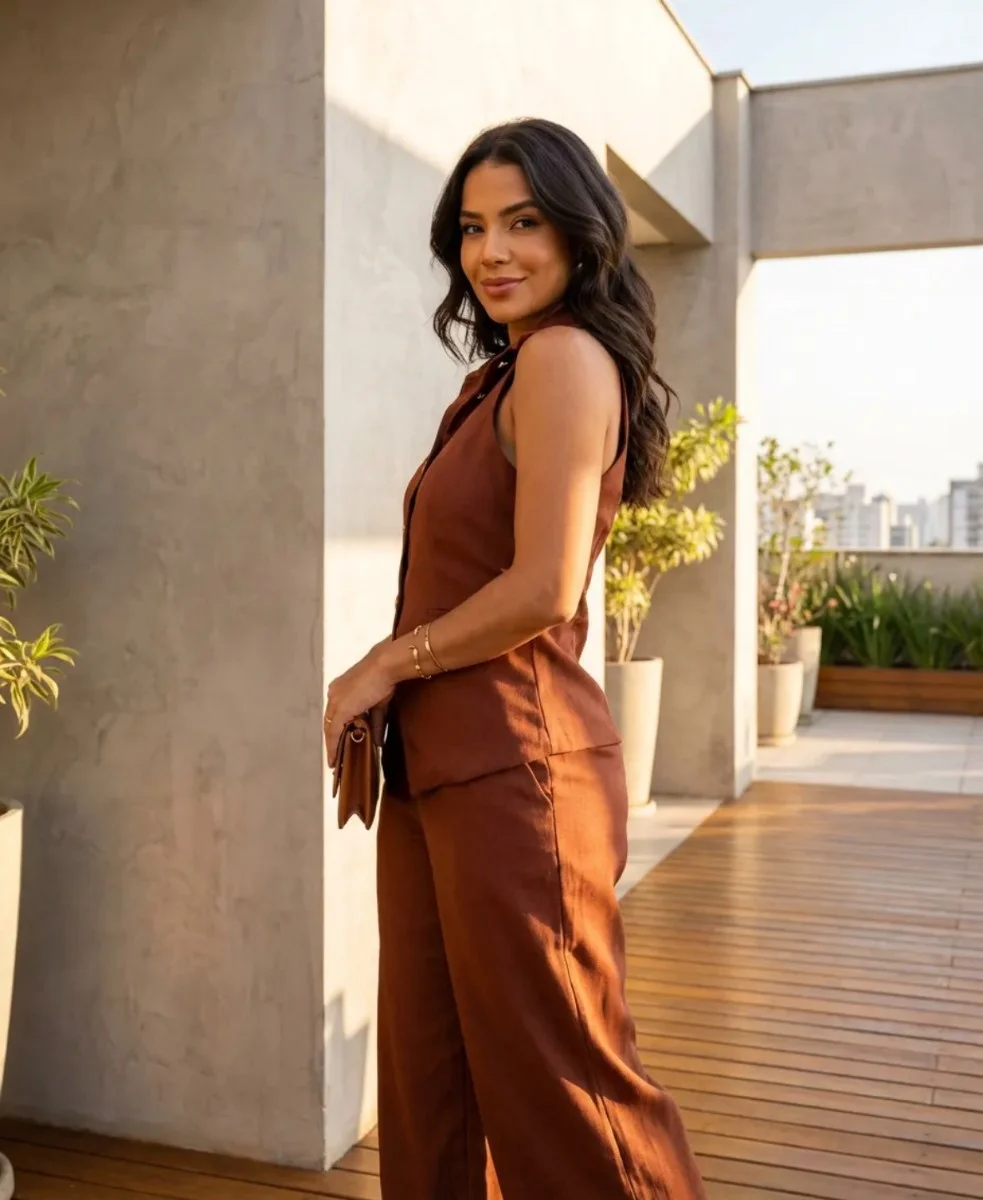 Conjunto Feminino Premium Blusa Sem Mangas e Calça Wide Leg